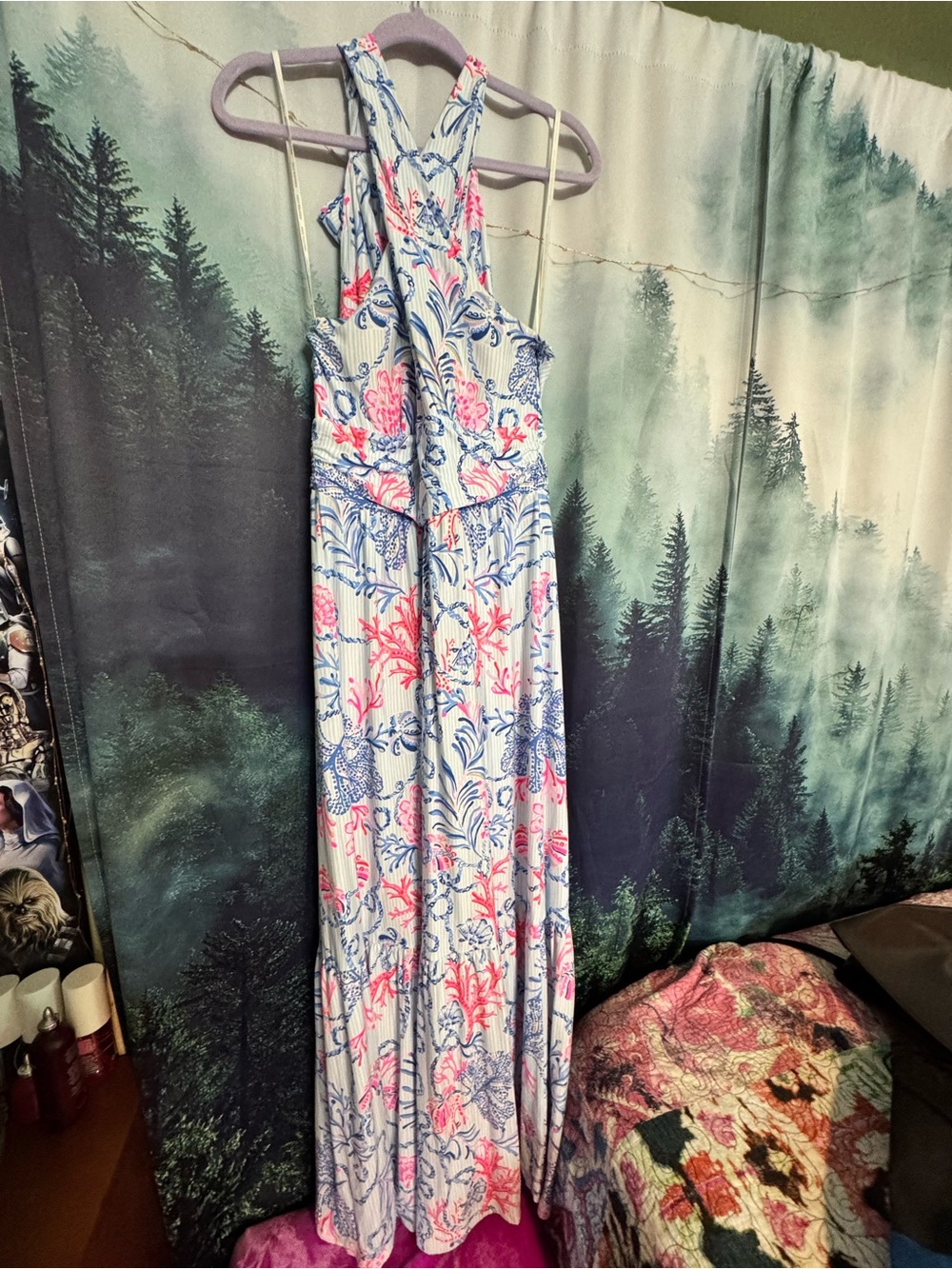 Floral Maxi Halter Dress in Blue & Pink large